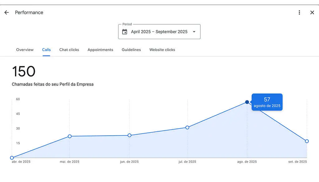 Calls chart showing 0 to 60 monthly calls from Google Business Profile.